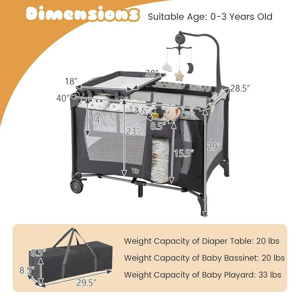 Portable 3-in-1 Playard with Bassinet, Changing Station, and Music, Suitable for Newborns to Toddlers