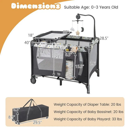 Portable 3-in-1 Playard with Bassinet, Changing Station, and Music, Suitable for Newborns to Toddlers