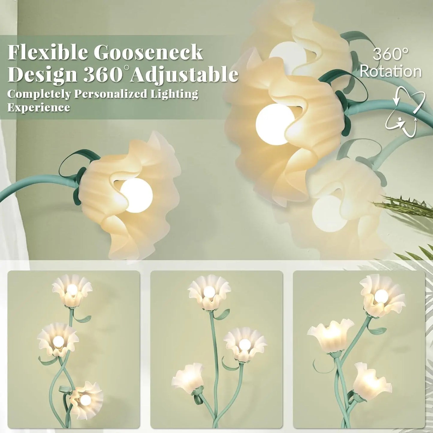 Cute Flower Floor Lamp, 3-Head LED Standing Lamp with Flexible Gooseneck, 3 Color Temperatures, Green