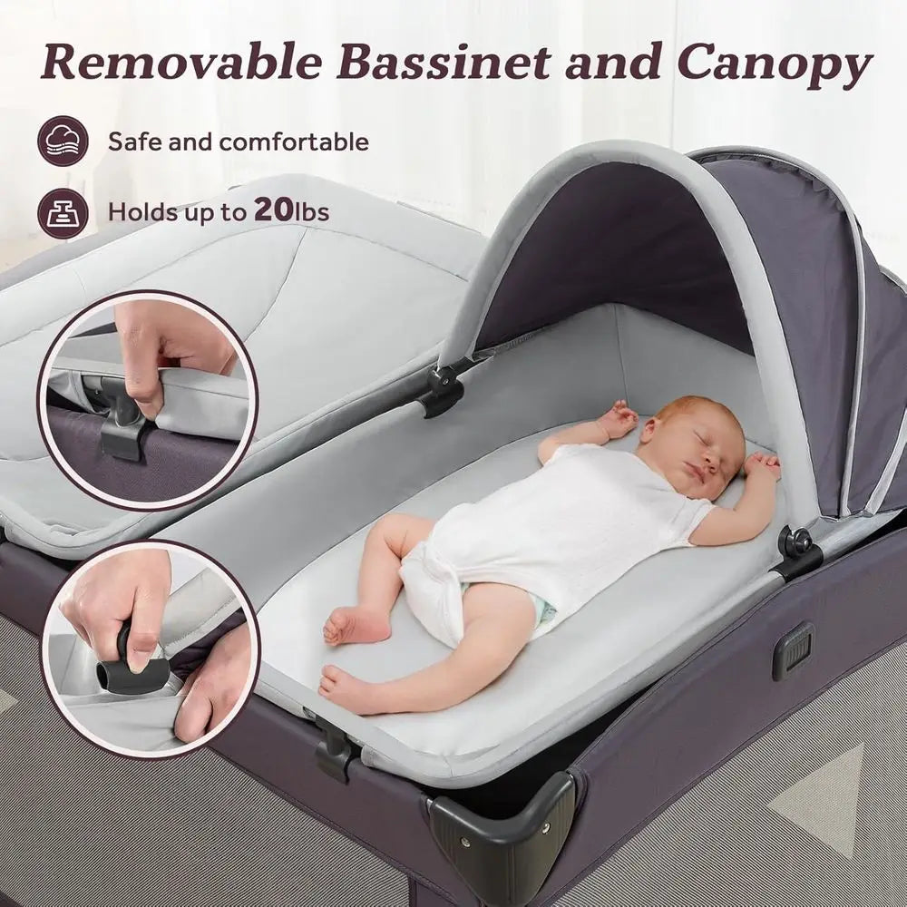 4-in-1 Portable Baby Playard, Foldable Playpen with Bassinet, Canopy, Changing Table, and Travel Crib