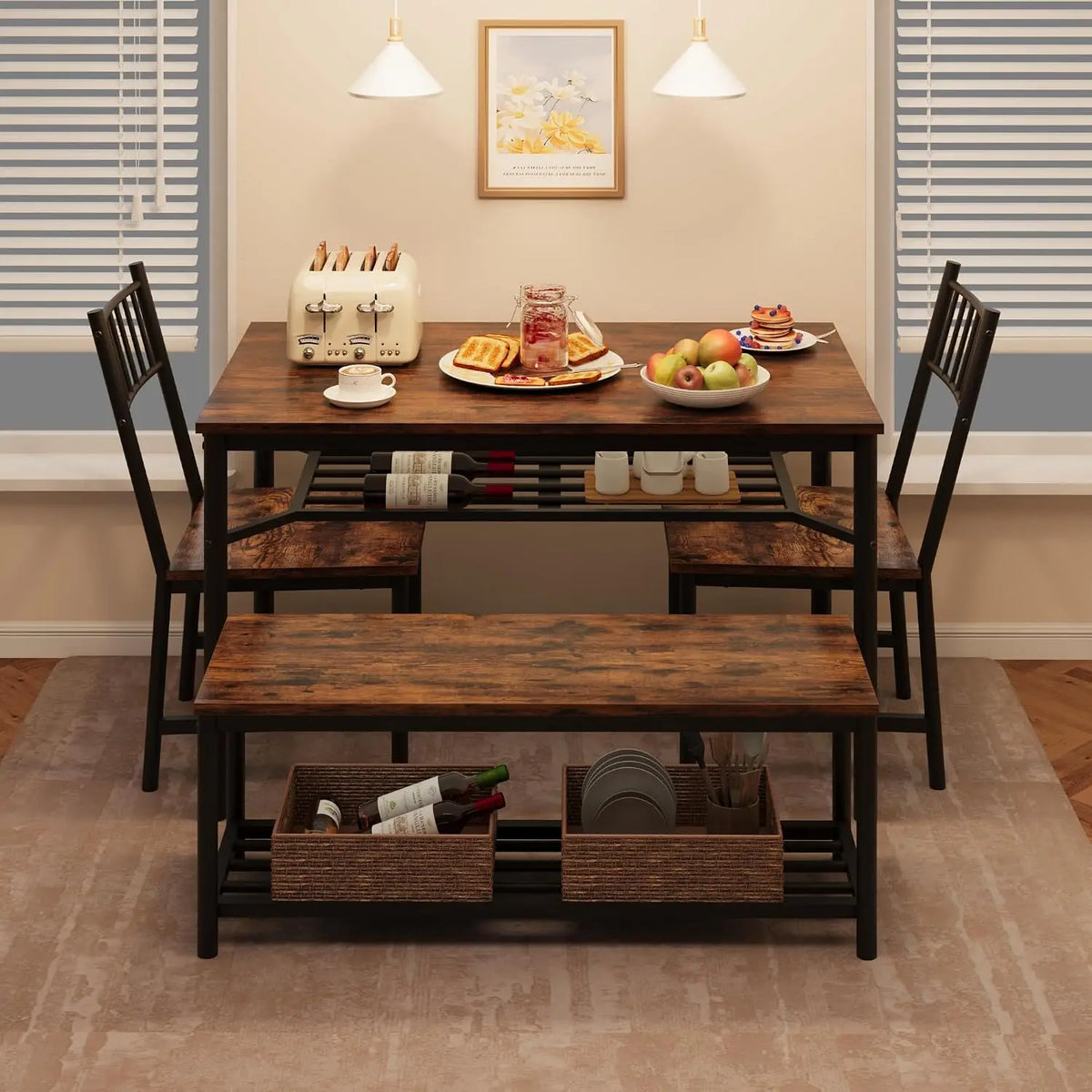 4-Piece Dining Table Set for 4 – Includes Bench & Chairs, Built-in Storage, Space-Saving Design for Apartments and Dining Rooms, Gray