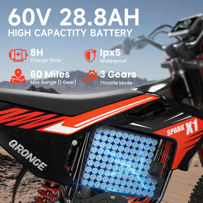 QRONGE X1 Spark Electric Dirt Bike for Teens Adults 4500W Peak Electric Motorcycle 60V 28.8Ah E-Dirt Bike 60 Mile Range E-Bike