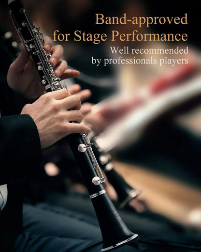 Upgraded Ebonite Bb Clarinet with Silver-Plated Keys, 2 Barrels, Hard Case, and Cleaning Kit for Intermediate Players
