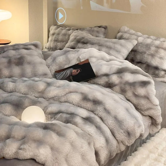 ZYFAB Fluffy Plush Shaggy Bedding Set 4 Pieces Super Soft Reversible Duvet Cover Set with Thick Winter Comforter Cover and Bed