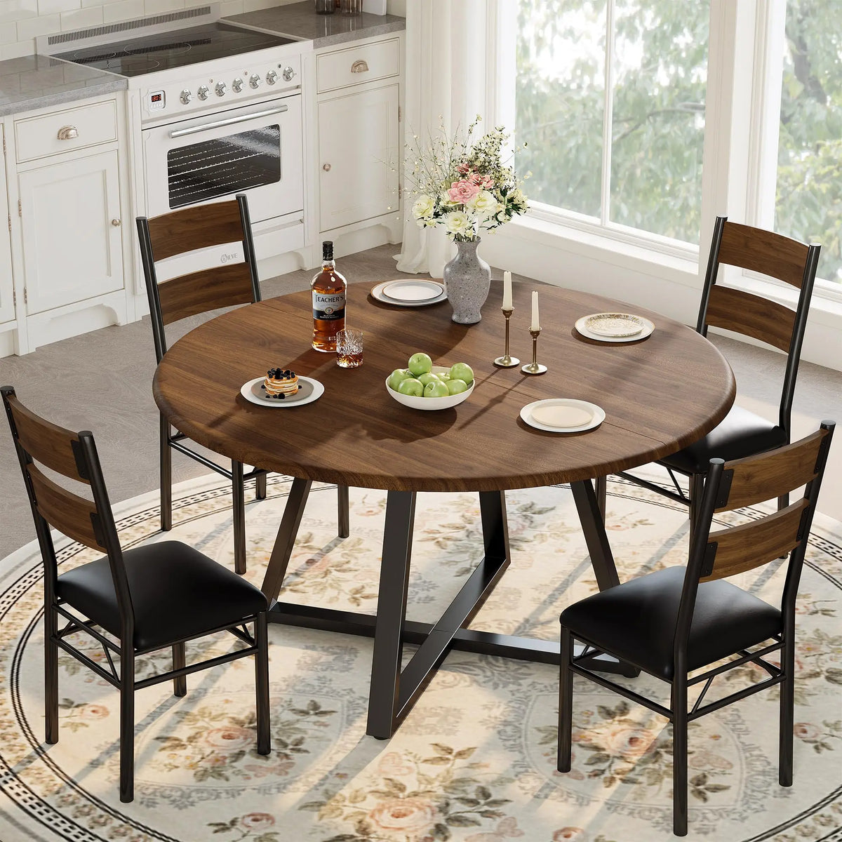 5-Piece Space-Saving Round Dining Table Set for 4 – Wooden Kitchen Table with 4 Upholstered Chairs – Rustic Brown – Perfect for Apartments or Small Dining Rooms