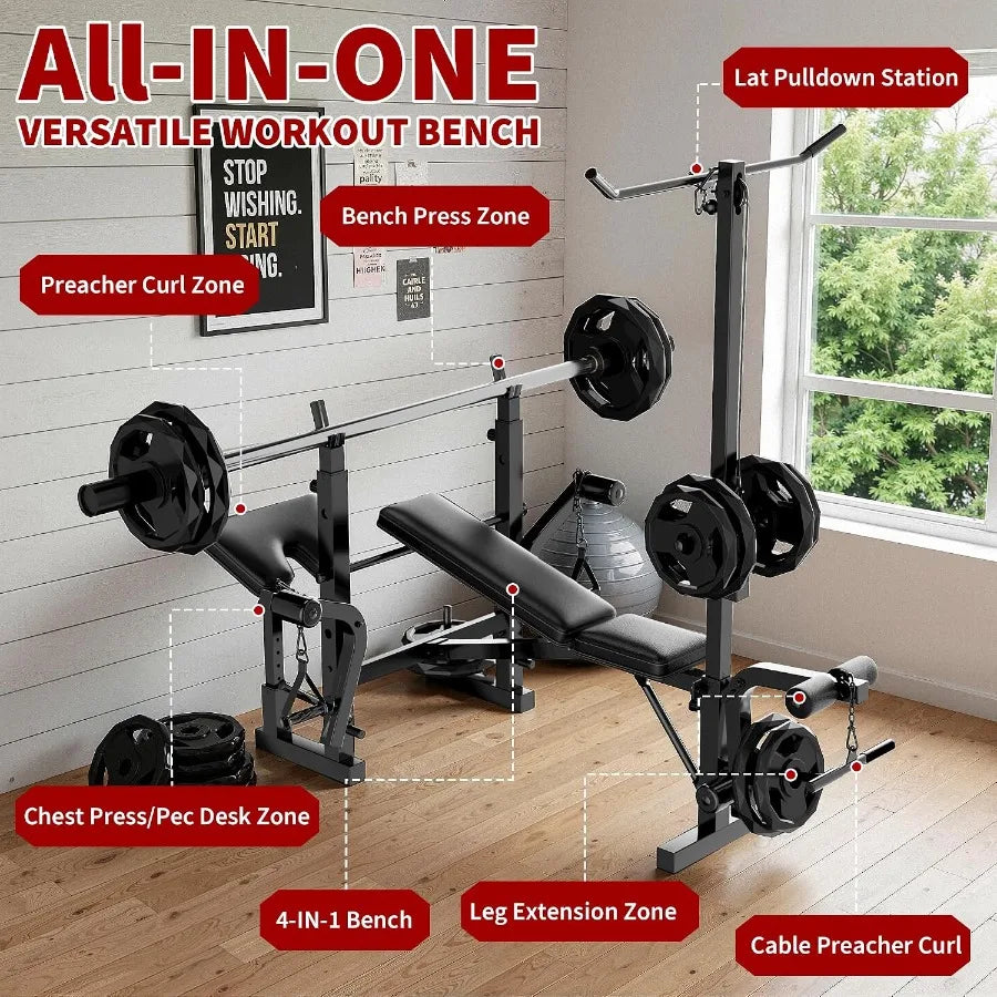7 in 1 Adjustable Weight Bench Set with Squat Rack and Lat Pulldown