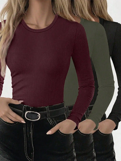 3pcs Women's Solid Ribbed Long Sleeve Crew Neck T-Shirts for Casual Wear
