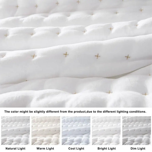 White Queen Size Quilt Bedding Sets with Pillow Shams, Lightweight Soft Bedspread Coverlet, Quilted Blanket Thin Comforter Bed C