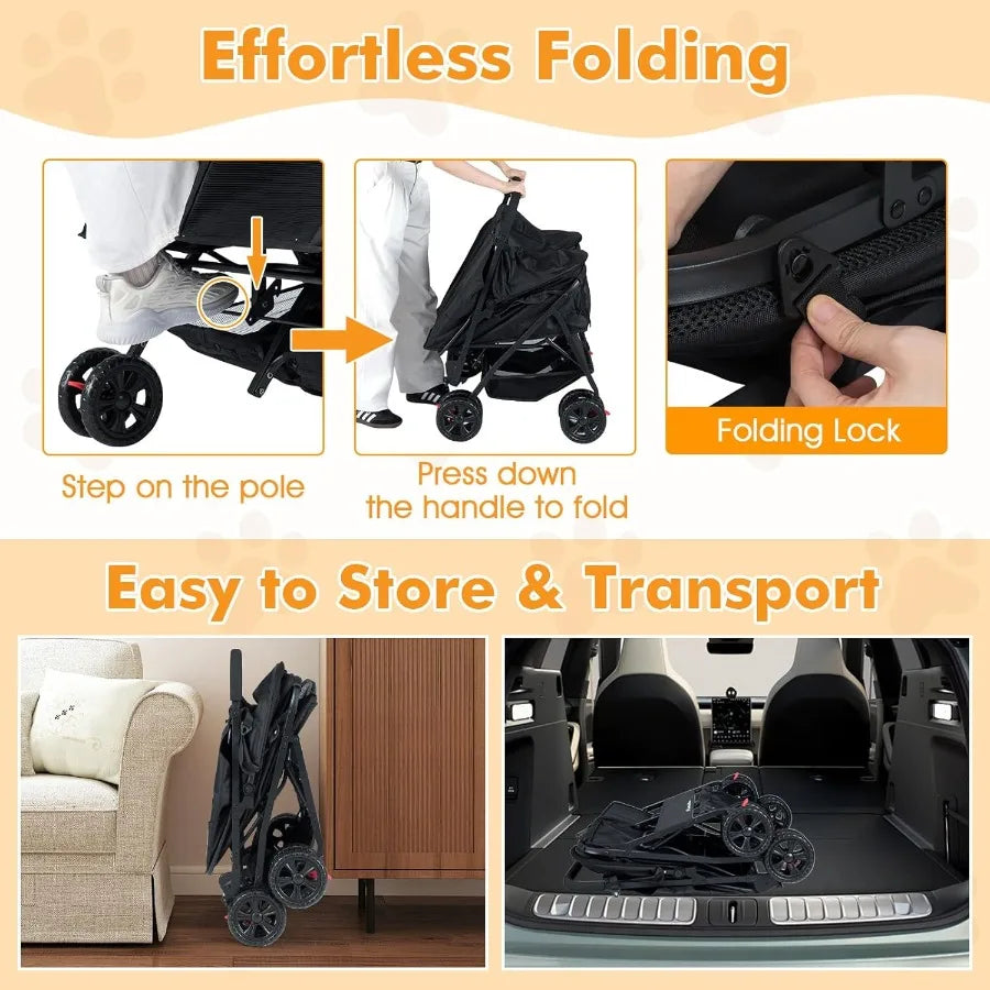 Foldable Double Pet Stroller for 2 Puppies Cats Black 2-Seater Carrier with Adjustable Sunshade Removable Pad Safety Belt Stora