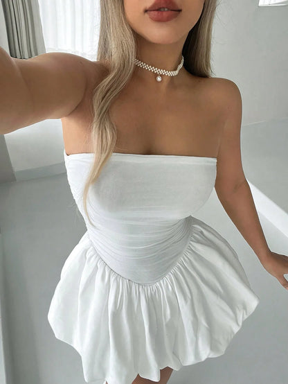 White Strapless Skater Dress with Ruched Bodice & Flared Mini Skirt for Summer, Graduation, or Party