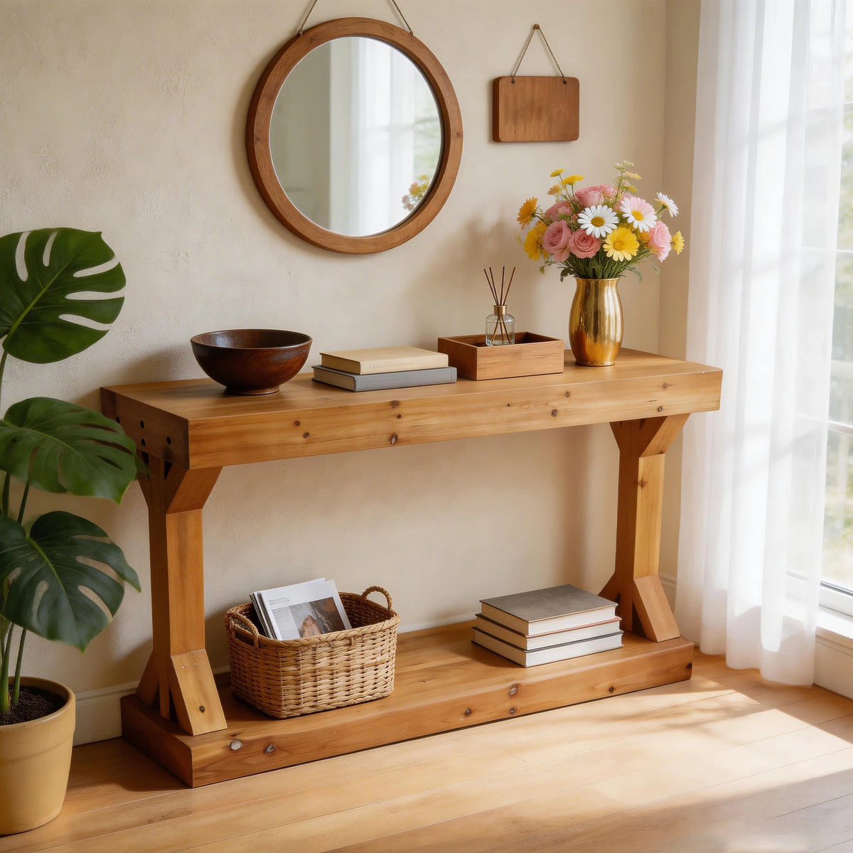 Wooden Console Table: 120cm Farmhouse Entryway Table with Shelf, Solid Fur Wood Rustic Sofa Storage Table Behind Couch for Living Rooms, Foyers, Hallways
