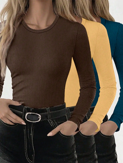 3pcs Women's Solid Ribbed Long Sleeve Crew Neck T-Shirts for Casual Wear