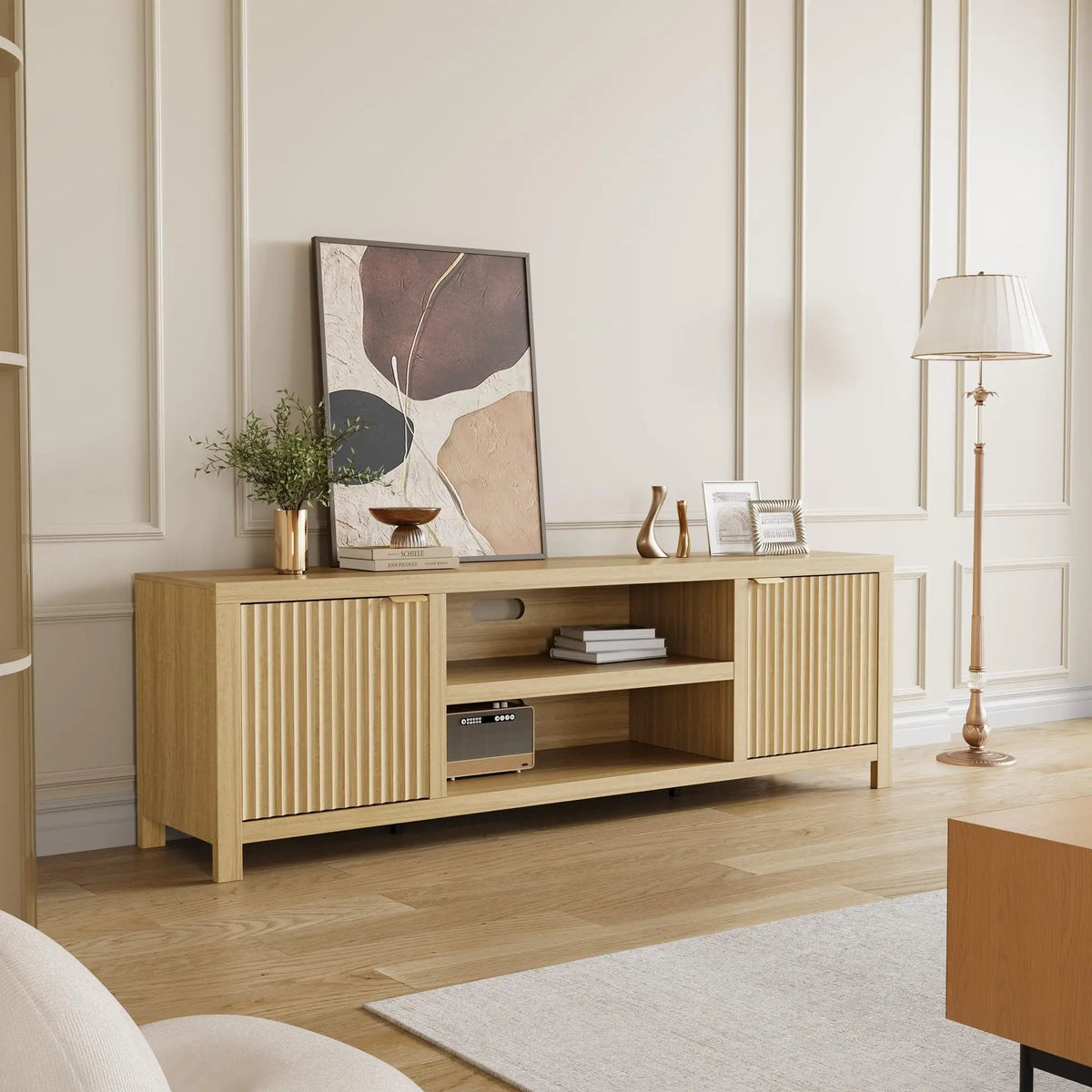 Fluted TV Stand for 75+ Inch TV, Modern Entertainment Center with 2-Tier Storage & Adjustable Shelves, Media Console Cabinet with 2 Fluted Doors & Gold Handles for Living Room Bedroom