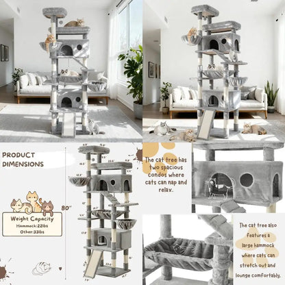 Large 80-Inch Cat Tower with Multiple Scratching Posts, Perches, Caves, Baskets, Stairs, Hammock, and Pompoms for Cats