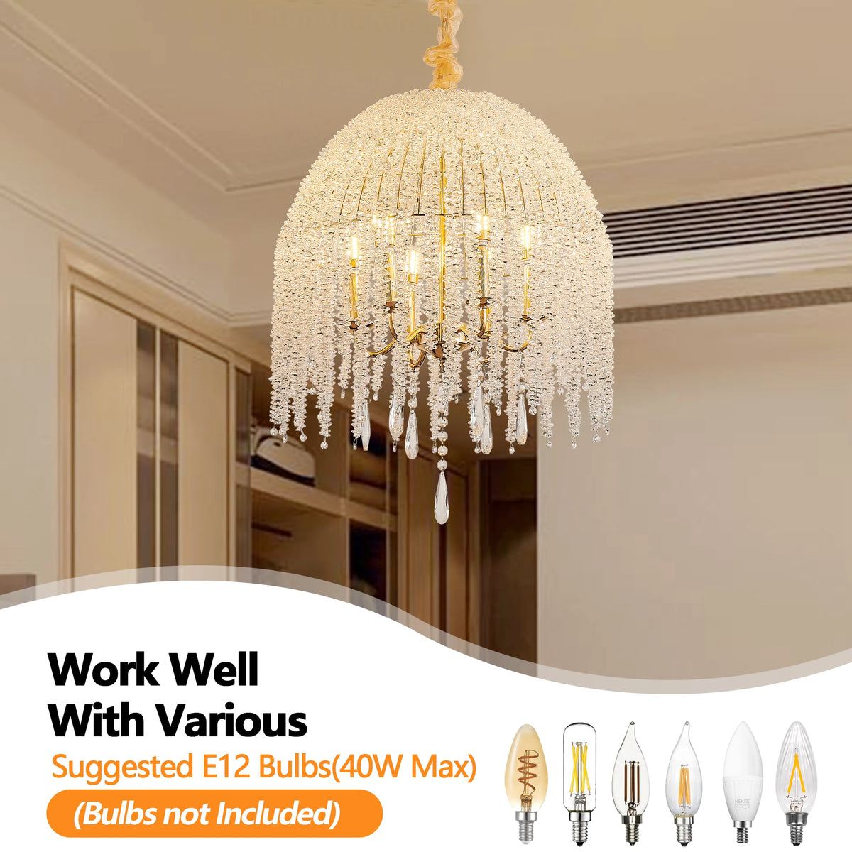 20 Inch 6-Light Crystal Pendant Light Chandelier Elegant Waterfall Design with Crystal Bead Strings and Gold Finish (No Bulb)