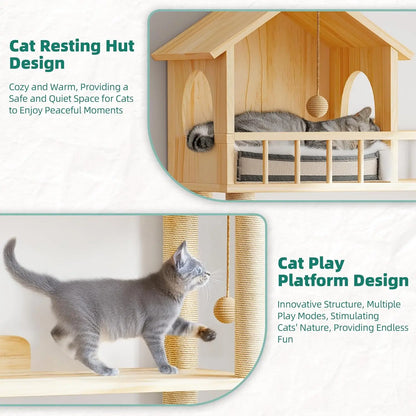 Tall Solid Wood Cat Tree with Litter Box Enclosure, Multi-Level Cat Furniture with Scratching Post and House