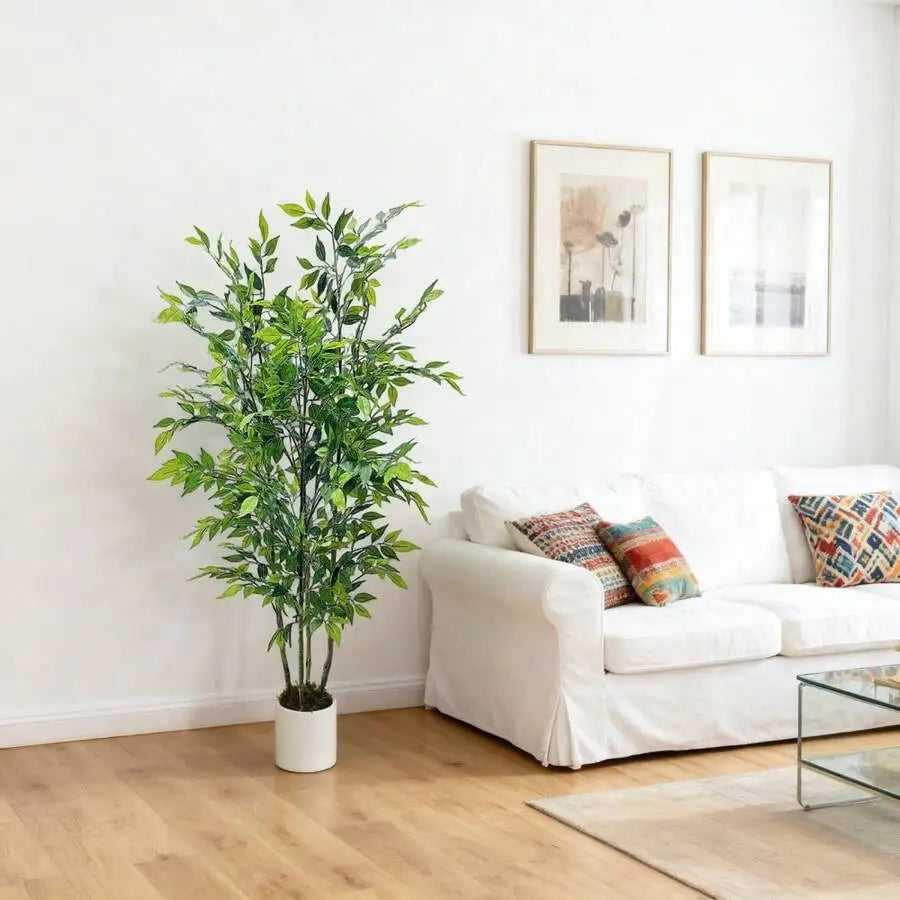 4/5/6Ft Artificial Ficus Tree, Silk Fake Ficus Leaves Plant With White Imitation Ceramic Planter, Indoor Outdoor Potted Faux Tre