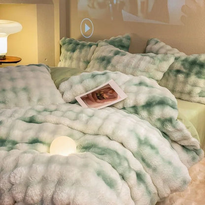 ZYFAB Fluffy Plush Shaggy Bedding Set 4 Pieces Super Soft Winter Reversible Duvet Cover Set Green Full Size Thick Comforter Cov