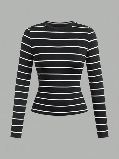3-Pack Women's Long Sleeve Striped & Solid Round Neck Tees - Slim Fit Fall Tops