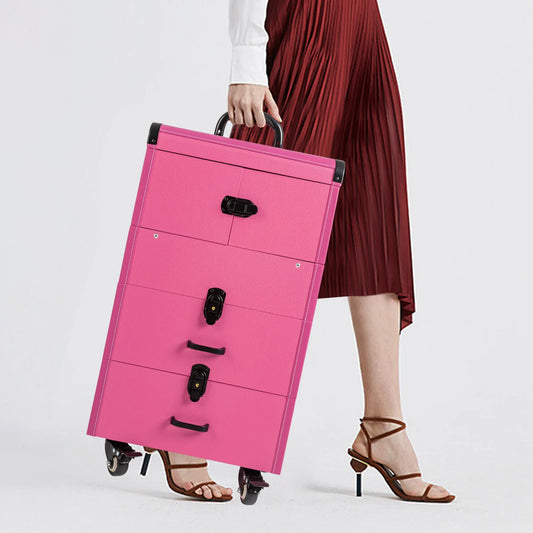 Lockable Portable Makeup Storage Car Rolling Makeup Box - Rose Red
