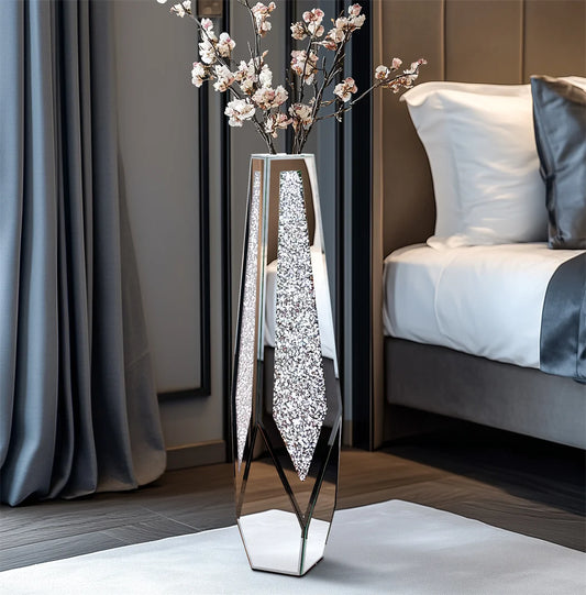 34” Tall Standing Flower Vase Crushed Diamond Mirrored Silver Glass Decorative Flower Vase Corner Vase for Home