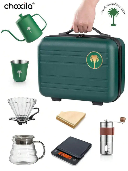 5/6/7pcs Portable Coffee Set With Date Palm Tree Logo Green Box, Saudi Arabian National Day Gifts, Pour Over Coffee Maker Set, P
