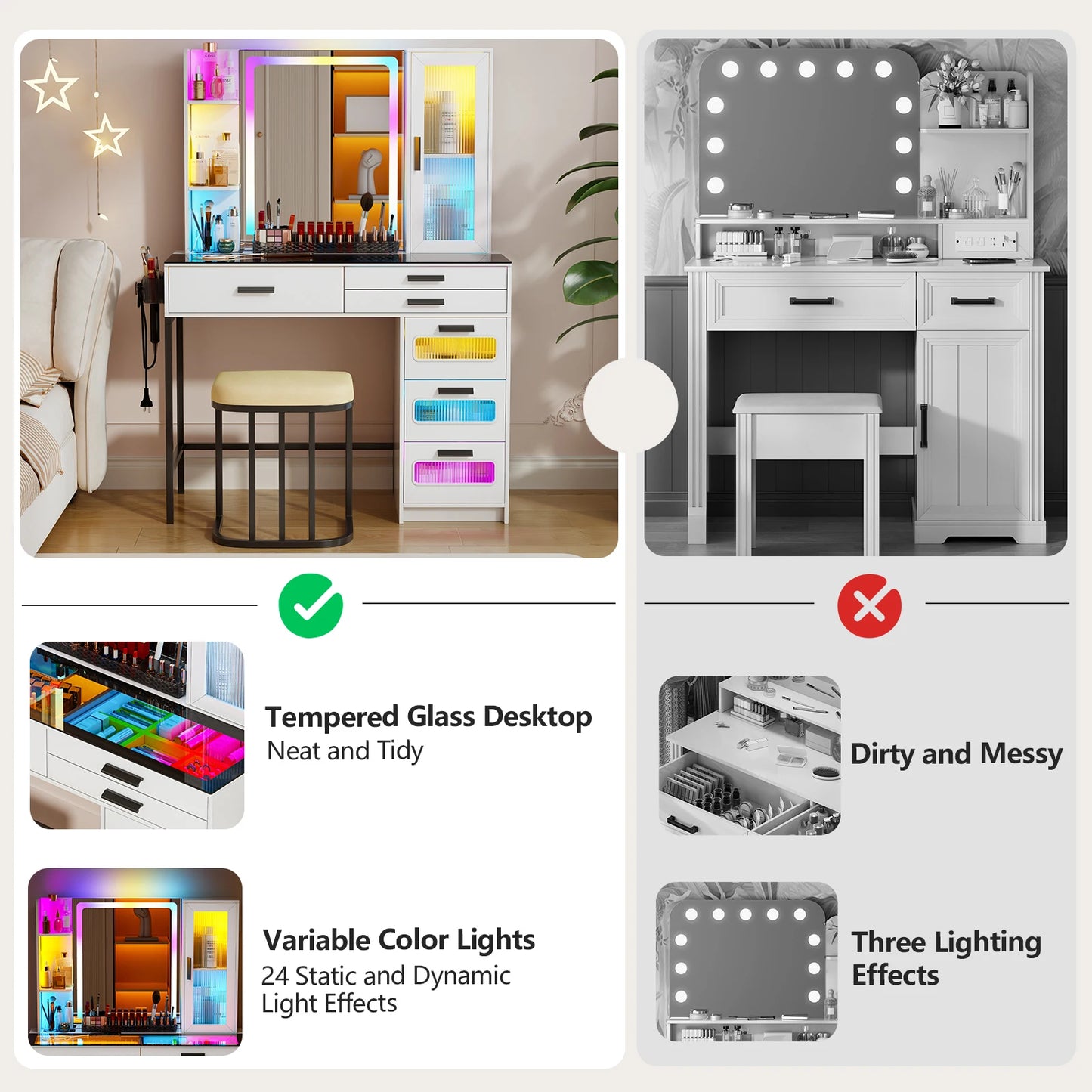 JPDAG Vanity with Mirror and LED Lights, Glass Top Vanity Desk with Charging Station(Wireless+USB+Type-C