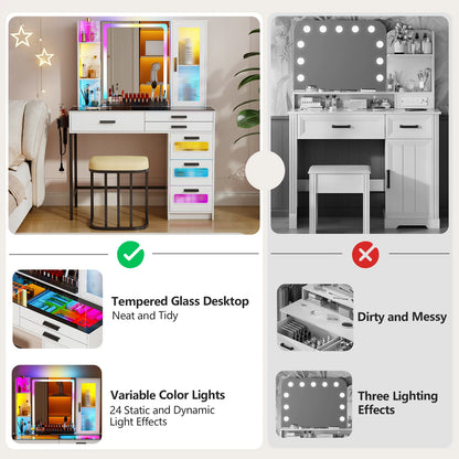 JPDAG Vanity with Mirror and LED Lights, Glass Top Vanity Desk with Charging Station(Wireless+USB+Type-C