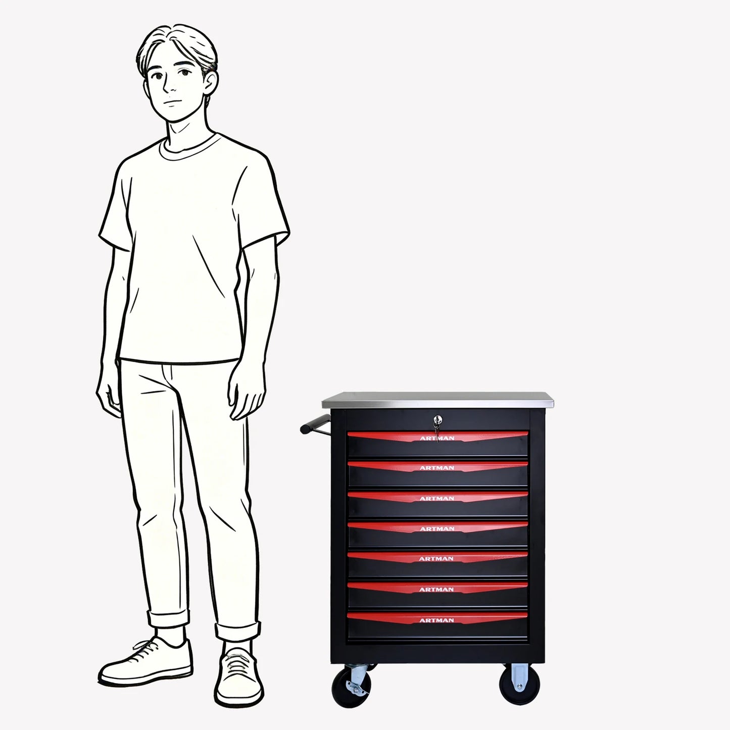 7 Drawer Rolling Tool Box Hardware Storage Tool Cabinet, Heavy Duty Steel Metal Cart, Lockable, Shop Garage NEW,black and orange