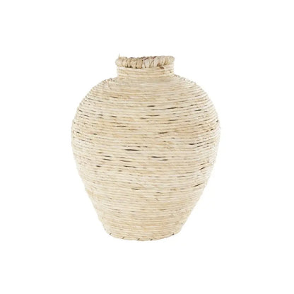Bamboo Wood Handmade Decorative Vase Wrapped Pot Centerpiece Vase, Vase for Home Decoration 11 x 11 x 14, Cream