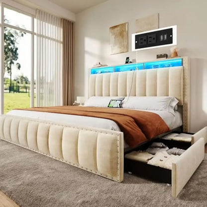 LED Full-KING Size Bed Frame with 4 Storage Drawers, Velvet Upholstered Platform Bed & Charging Station and Storage Headboard