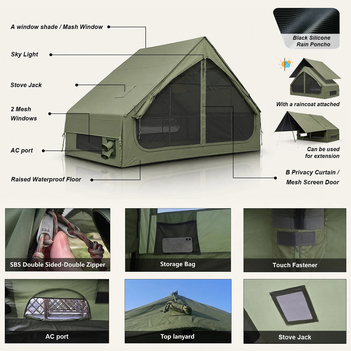 SENLEETO Inflatable Camping Tent 2-4 Person Waterproof 420D Oxford Cloth Glamping Family Tent with Stove Jack & AC Hole, Easy Setup Air Tent with Manual Pump & Detachable Extension Rain Poncho Canopy