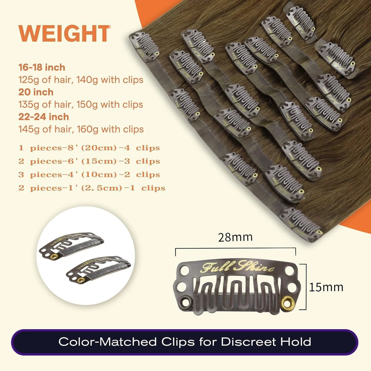Full Shine Seamless Invisible Clip in Extensions Human Hair 8 Pcs Remy Straight Hair for Women
