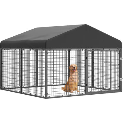 Large Outdoor Dog Enclosure Heavy Duty Dog Cage with Roof Galvanized Steel Dog Kennel Fence with Double Safety Locks 6.56ft x 6