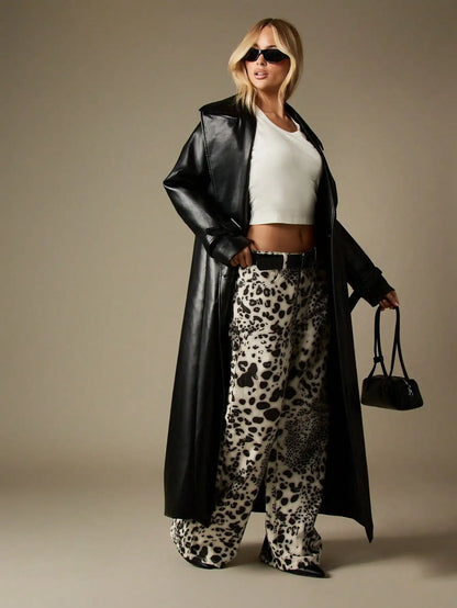 Mid Rise Wide Leg Leopard Print Denim Jeans for Women, Baggy Palazzo Style