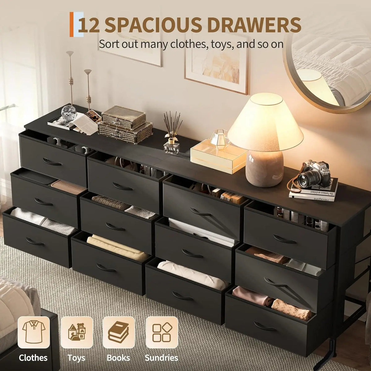 12 Drawer Dresser for Bedroom, 70” Long TV Stand for 65, 75, 80 Inch TV | Dresser with Charging Station, Large Entertainment Center for Living Room, Entryway
