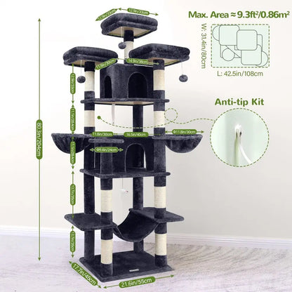 80 XXL Indoor Cat Tower - Dark Grey, 3-Level with Scratching, Hammock, Perches, Condos & Baskets