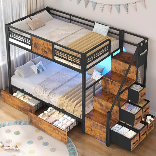 Kids' Room Twin Bunk Bed, Metal Frame, Multi-Color LED Lights, Space-Saving with Storage Drawers