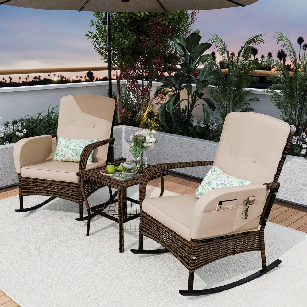 3-Piece Patio Furniture Set,Outdoor Rocking Chairs Set of 2, Patio Conversation Set with 2 Wicker Chairs with Rattan Coffee Tabl