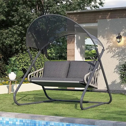 Outdoor Porch Swing, Patio Swing with Canopy, Hanging Glider Bench with Thicken Cushions and Pillow, Patio Hammock Lounge