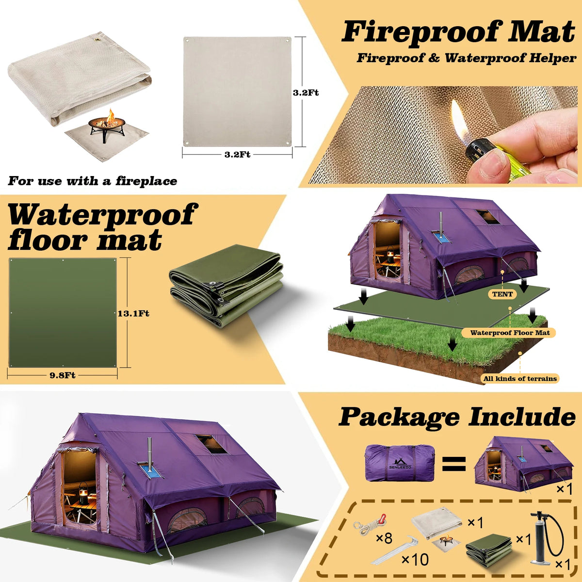 SENLEETO 129 Square Feet Black Coating Inflatable Tent Luxury Glamping House Tent 4-8 Person 4 Season Blow Up Camping Tent with Stove Jack AC Port Air Tent with Moisture-proof Mat and Fireproof Mat