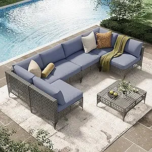 U-MAX 7 Piece Outdoor Patio Furniture Set, PE Rattan Outdoor Wicker Sectional Furniture Chair Set with Cushions and Tea Table, B