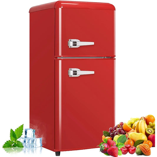 3.2 Cu.ft Compact Refrigerator Red 2 doors Mini Fridge with Freezer, Retro Design Small Drink Chiller for Home, Office