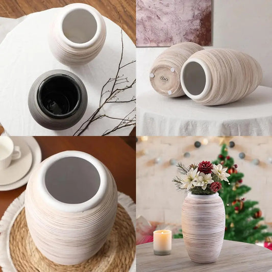 12 White Boho Style Wide Mouth Vase for Home Decor, Pampas Grass Centerpiece, Rustic Decor Vase for Living Spaces