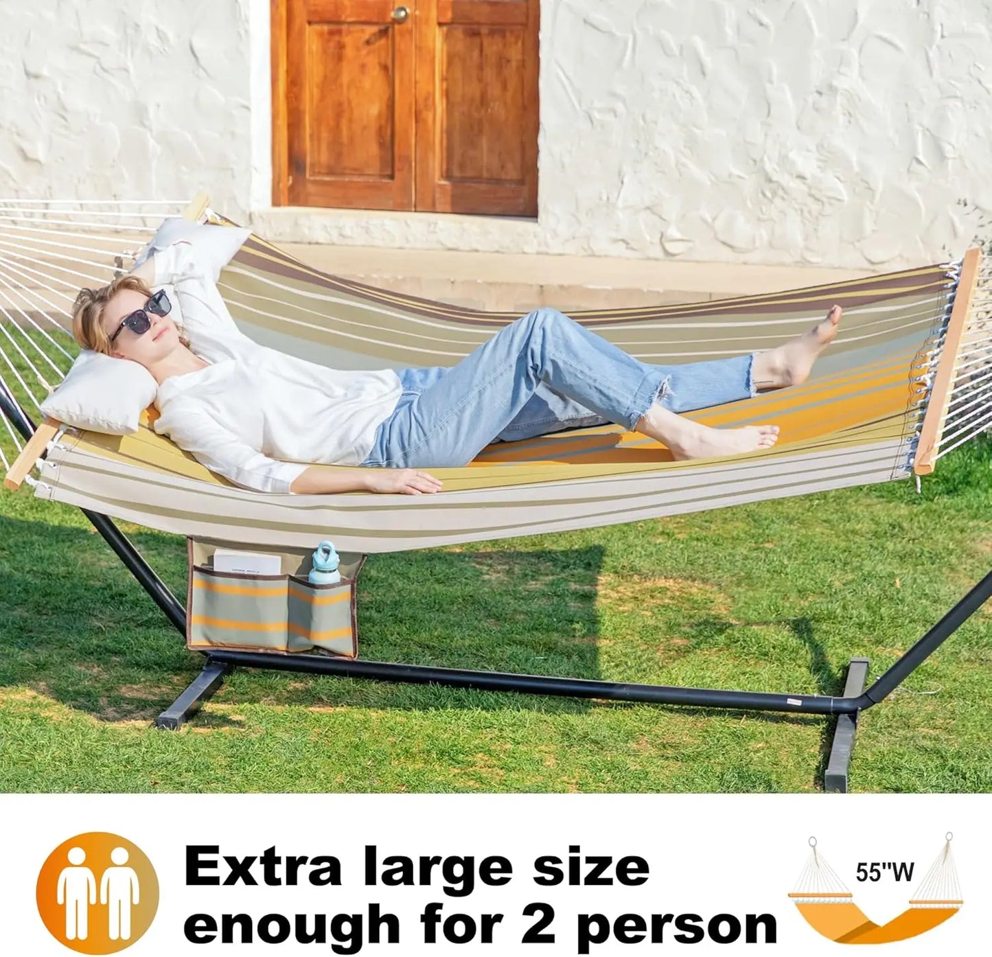 Waterproof Double Hammock with Stand, 2 Person 55'' Large Quick Dry Textilene, Outdoor Heavy Duty for 475lbs Capacity