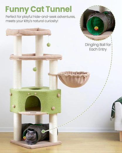 Large Cat Tree Tower for Indoor Cats - Extra Wide Scratching Post with Hammock and Tunnel, 60 Inch Multi-Level House