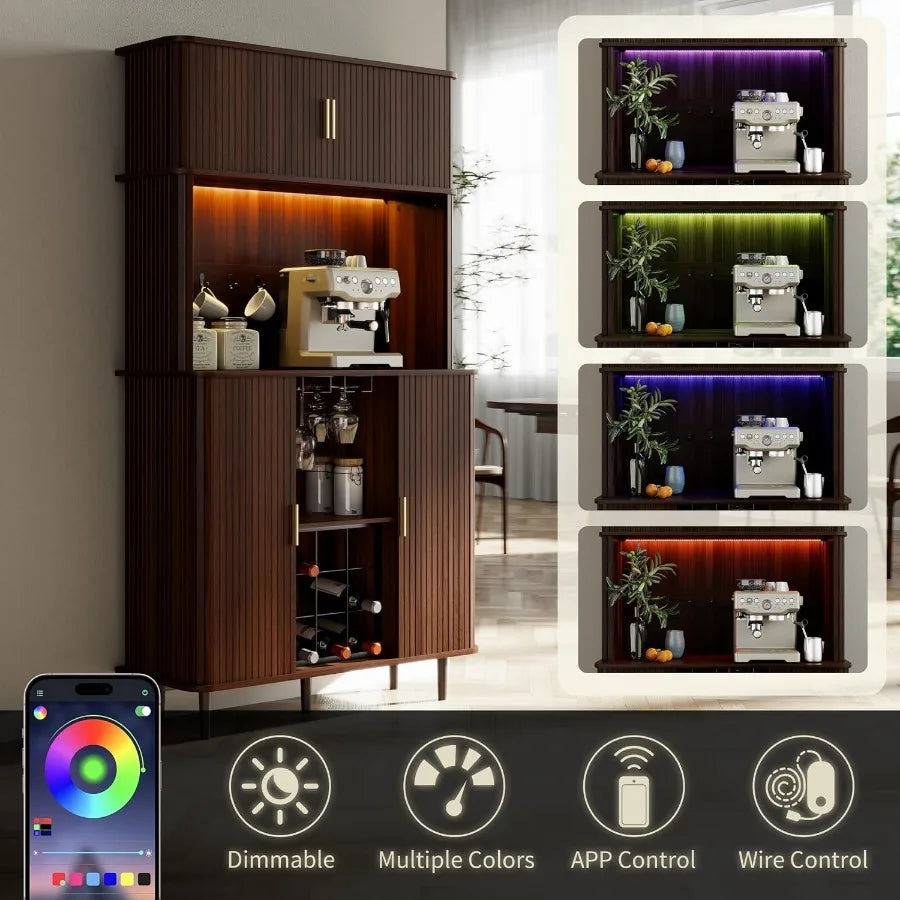 71" Tall Wine Bar Cabinet with Storage and Wine Rack, Fluted Liquor Cabinet, Modern Coffee Bar Cabinet with LED Lights and Powe