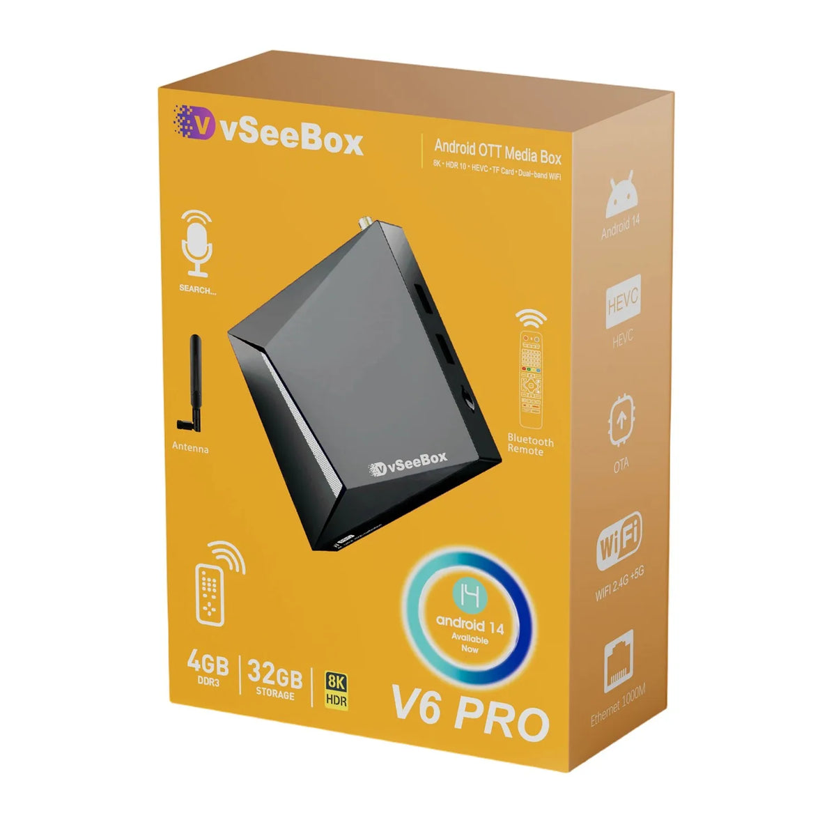 VseeBox V6 Pro Android 14 8K Ultra HD, Voice Control, 1000M Ethernet, HDMI 2.0