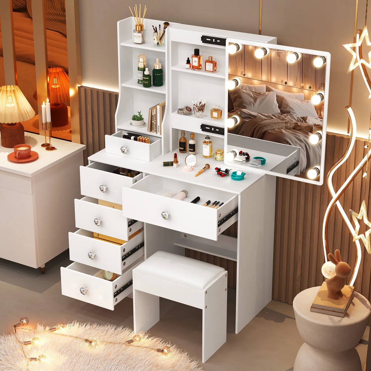 【11.11 Deals, Black Friday Deals 2025】Dressing Table Mirror Drawers Vanity Makeup Desk Stool Set With LED Lights White + Stool
