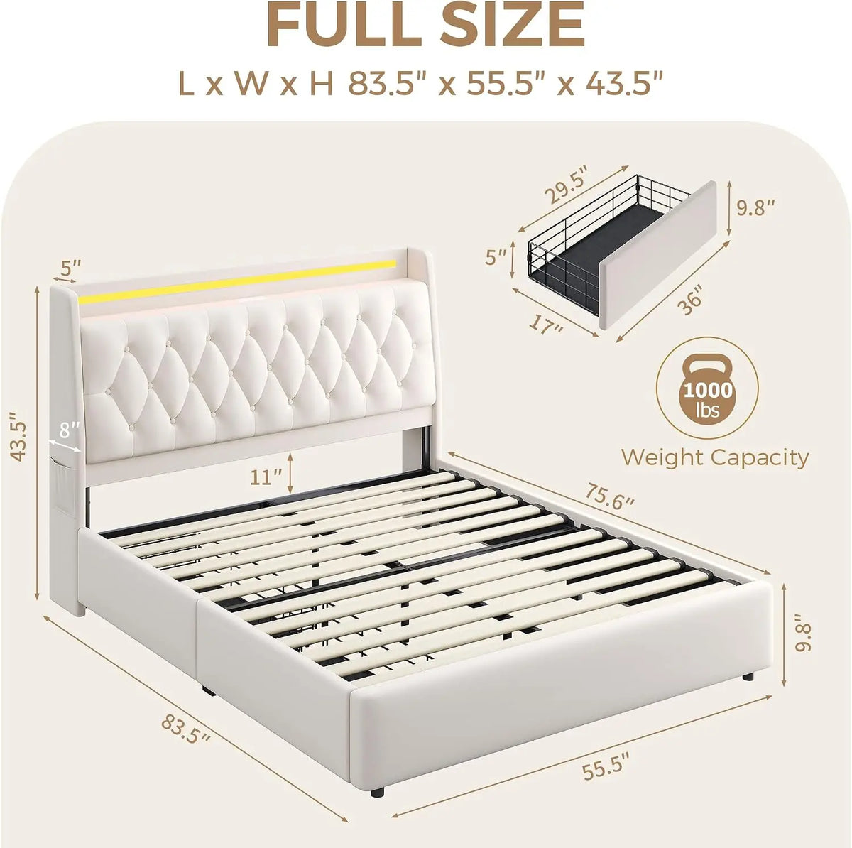 MapleGrace Full Size Bed Frame with 2 Storage Drawers & Hidden Headboard